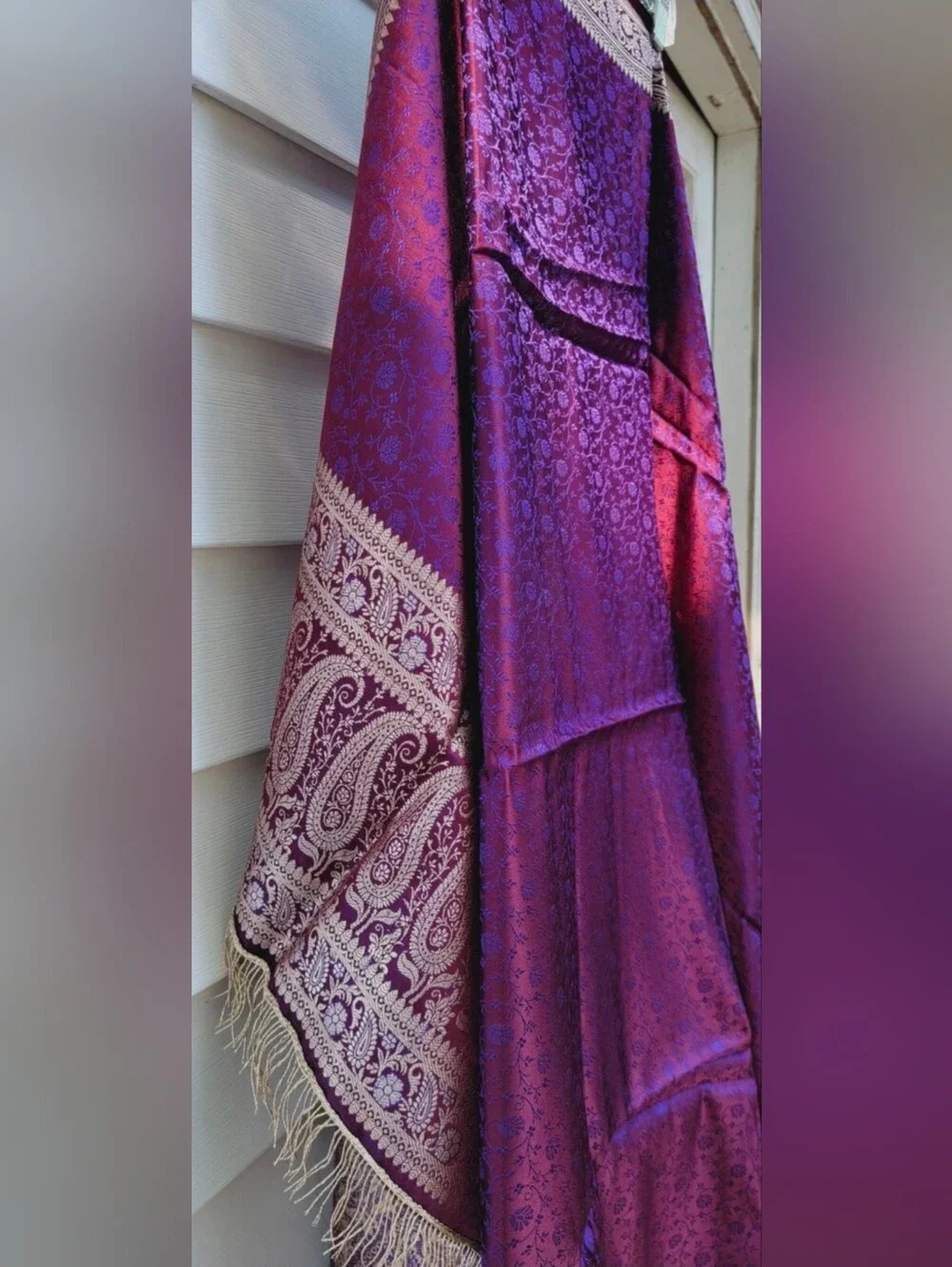 New J.Peterman shawl wrap purple mauve gold-tone shimmer rayon fringes $250
